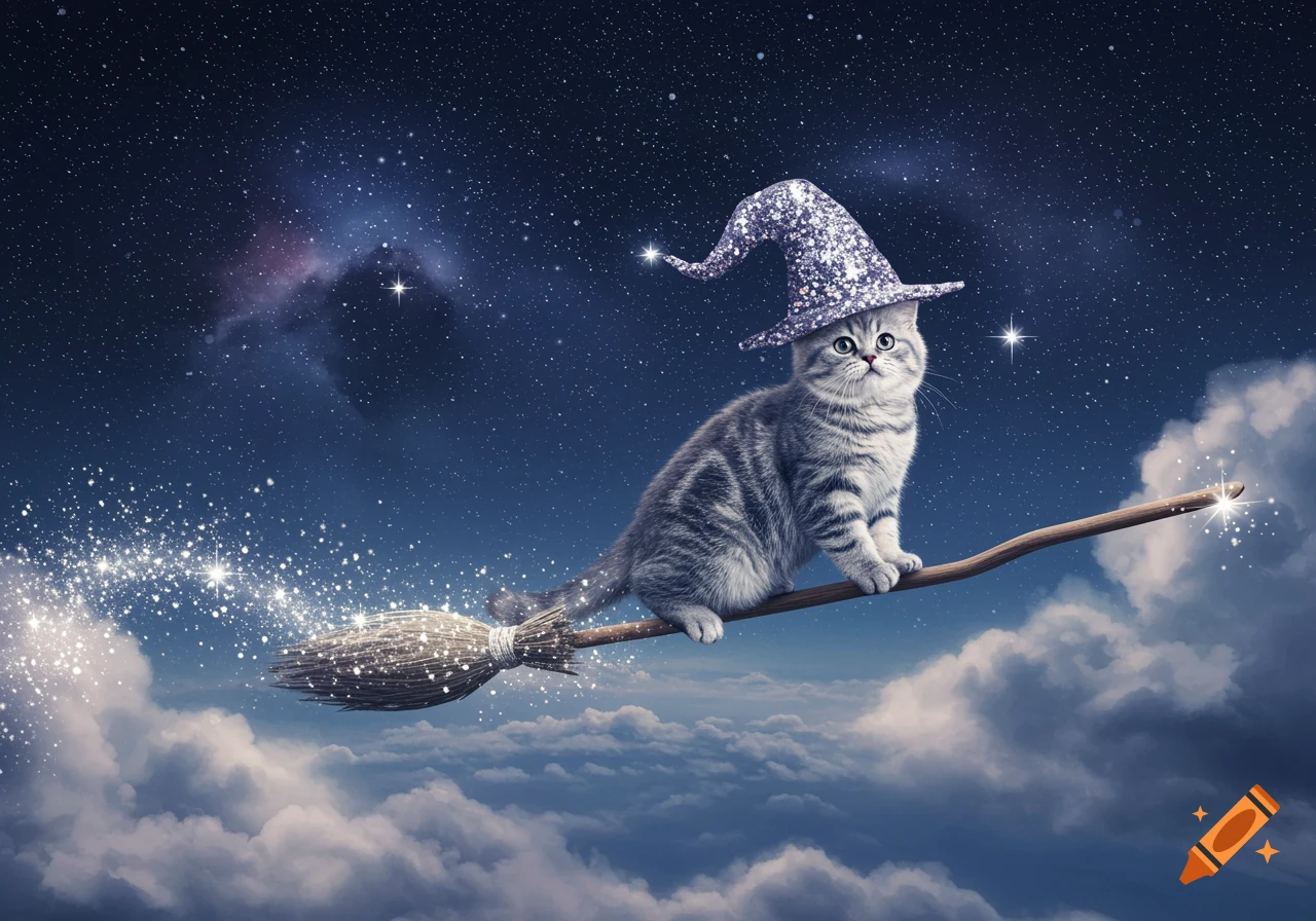 A cute grey tabby kitten in a glitter wizard hat flies on a broomstick through a starry night sky, leaving a magical trail.