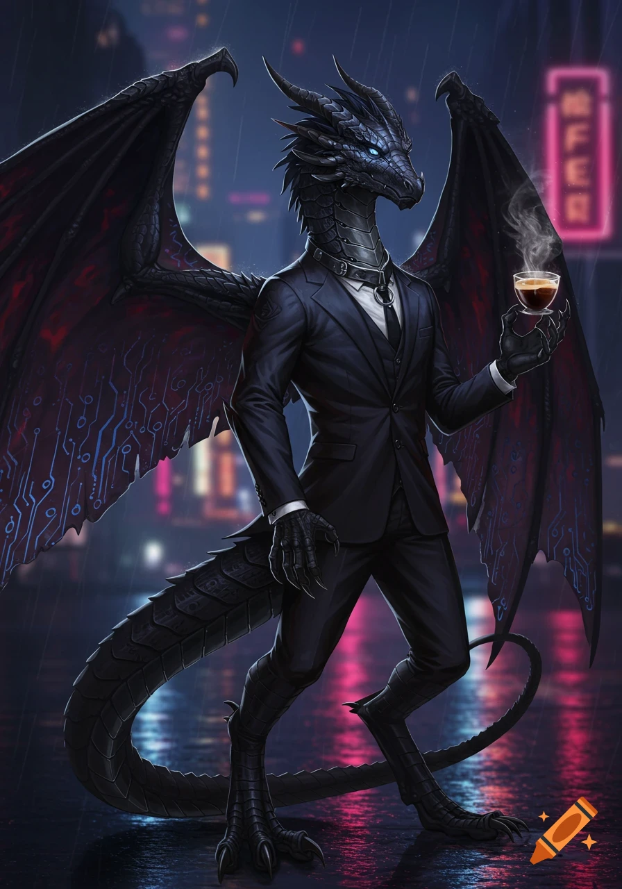 A sleek black dragon in a dark suit holds a steaming cup in a rainy cyberpunk city at night with neon signs.