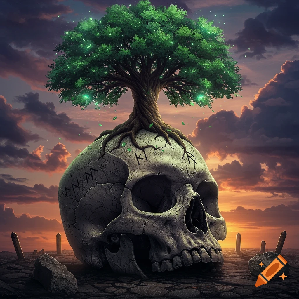 A large cracked skull with a vibrant green tree growing from its top, set against a dramatic sunset sky.