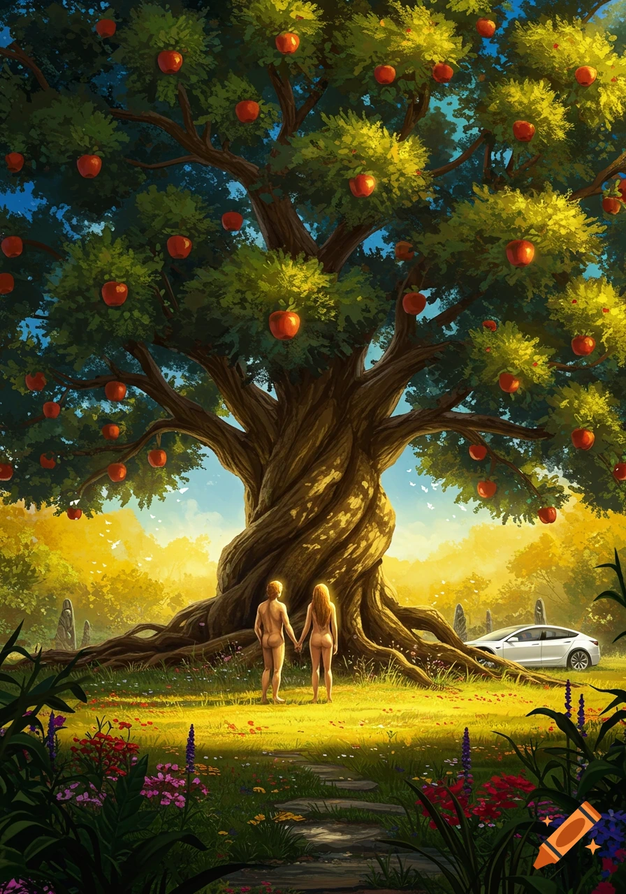 Adam and Eve stand nude, holding hands before a giant, ancient tree laden with red apples, with a modern white car in the background of a lush, painterly landscape.