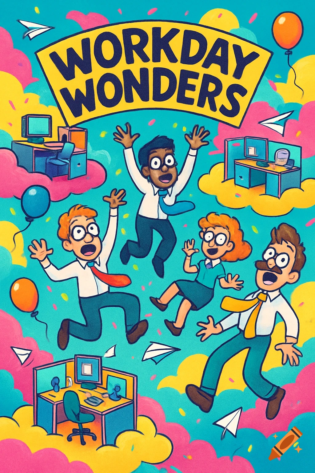 Colorful cartoon illustration of four happy people jumping with office cubicles, balloons, and confetti. A banner reads 'WORKDAY WONDERS'.