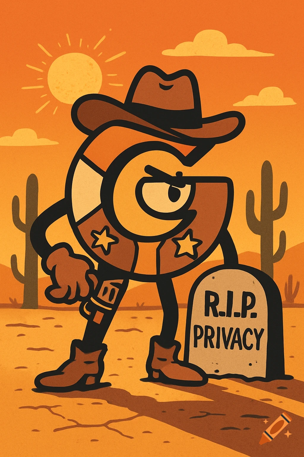 A cartoon Google 'G' logo dressed as a cowboy stands next to a gravestone reading 'R.I.P. PRIVACY' in a desert setting.