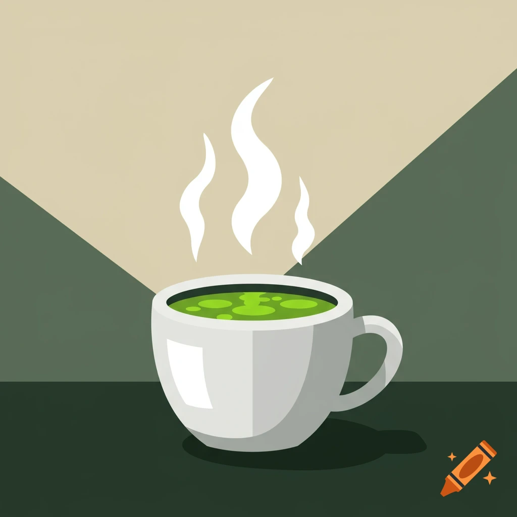 A minimalist illustration of a white cup filled with bright green liquid, emitting white steam, against a two-tone background.