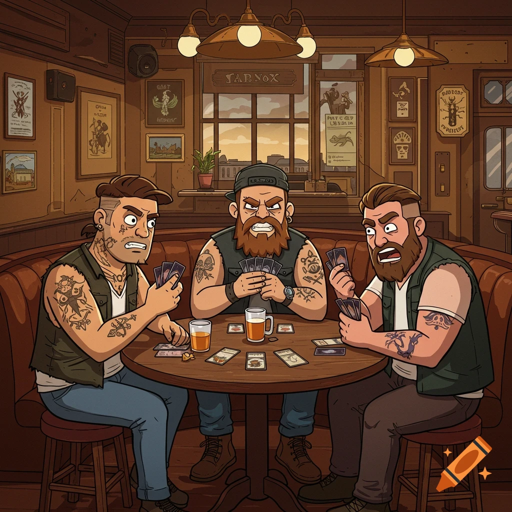 Cartoon illustration of three bearded men with tattoos playing cards at a table in a dimly lit London pub.