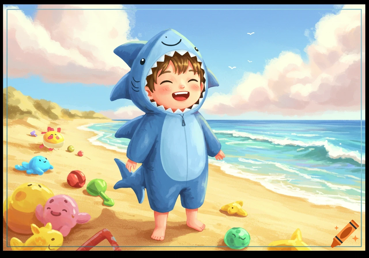 Cartoon illustration of a happy boy in a blue shark costume standing on a sunny beach with colorful toys.