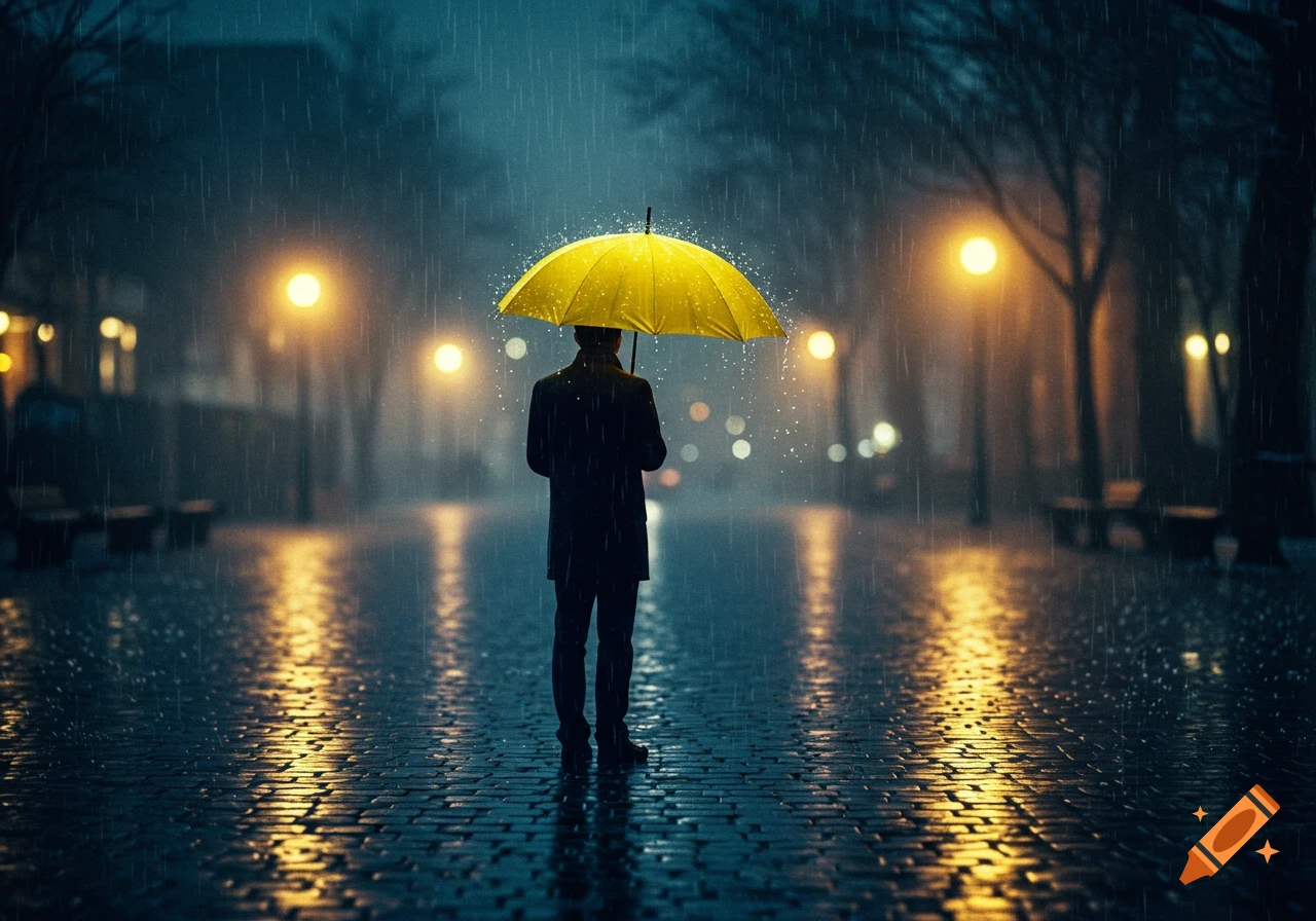 A man holding a bright yellow umbrella walks on a wet cobblestone street at night, illuminated by warm streetlights with falling rain.