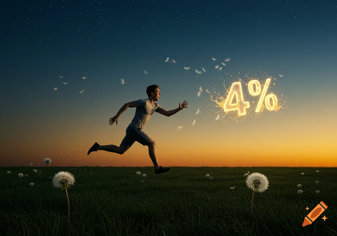 A young man runs across a grassy field towards a glowing 4% symbol at sunset under a starry sky.