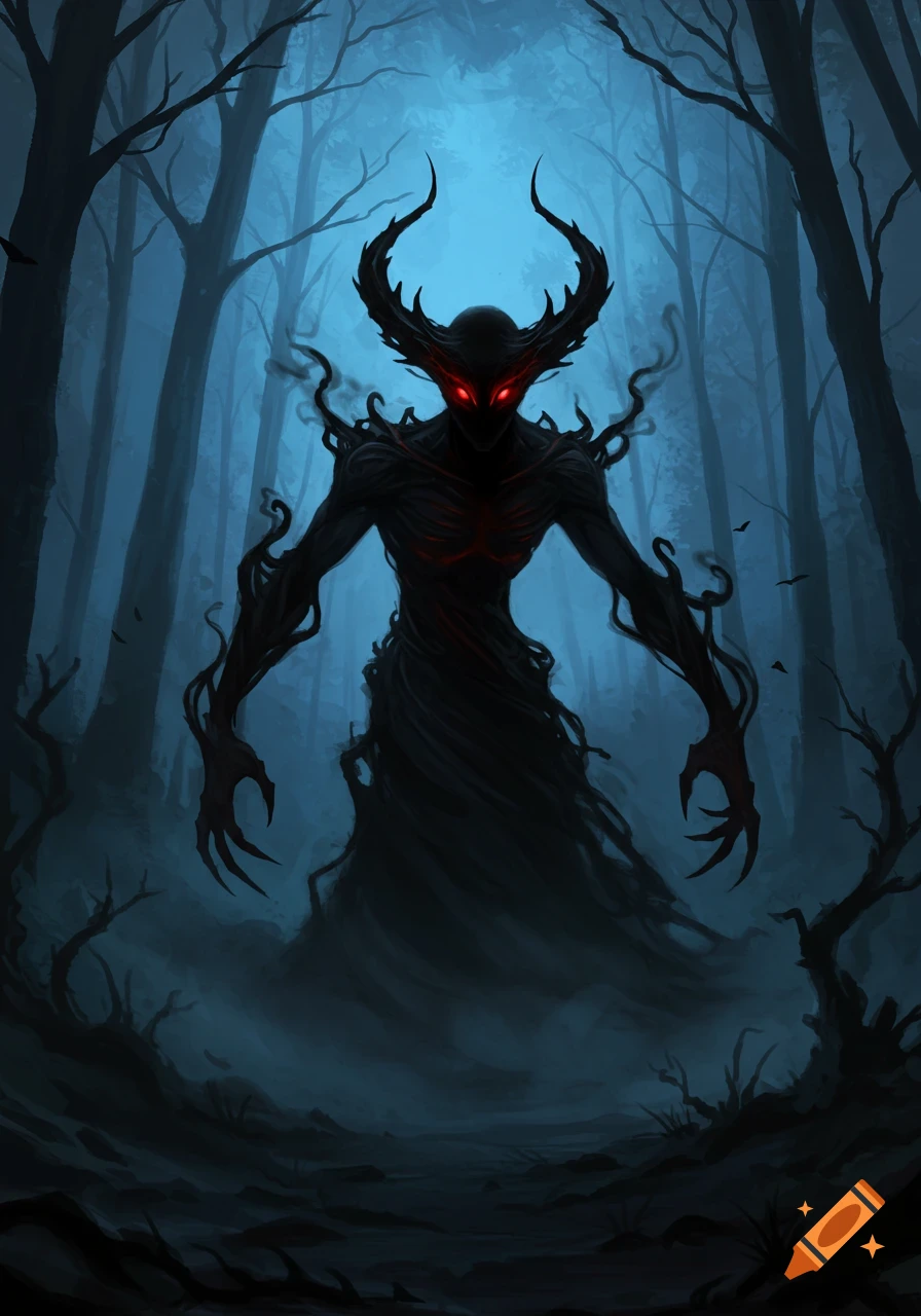A shadowy demon with glowing red eyes and horns stands in a dark, misty forest, digital art style.
