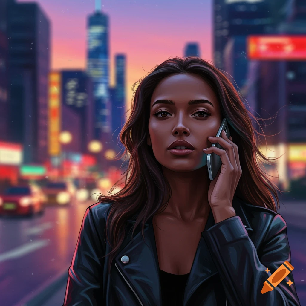 A digital art portrait of a woman with dark hair holding a phone to her ear on a blurred city street at dusk.