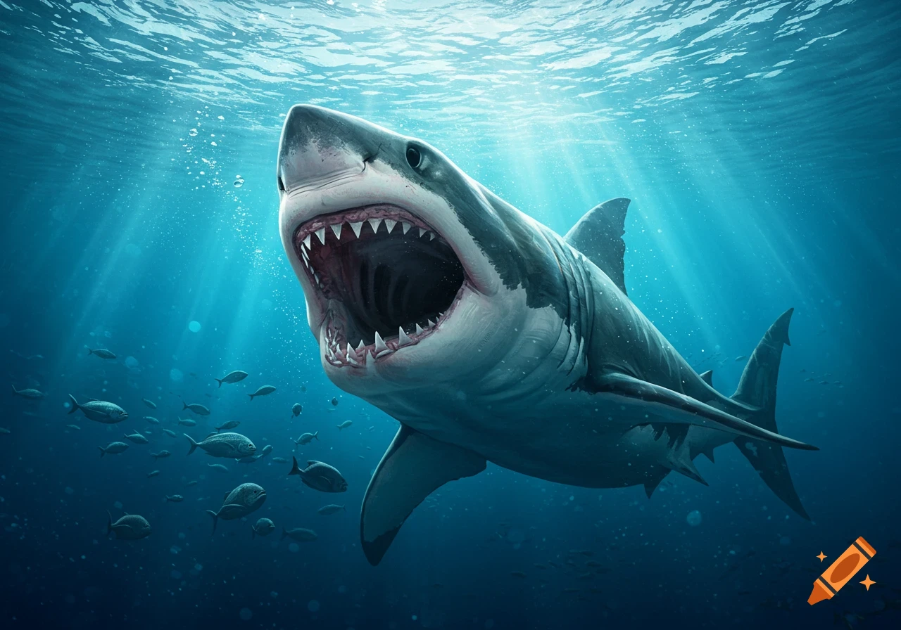 A great white shark with its mouth wide open, swimming underwater amidst small fish with light rays filtering from above.