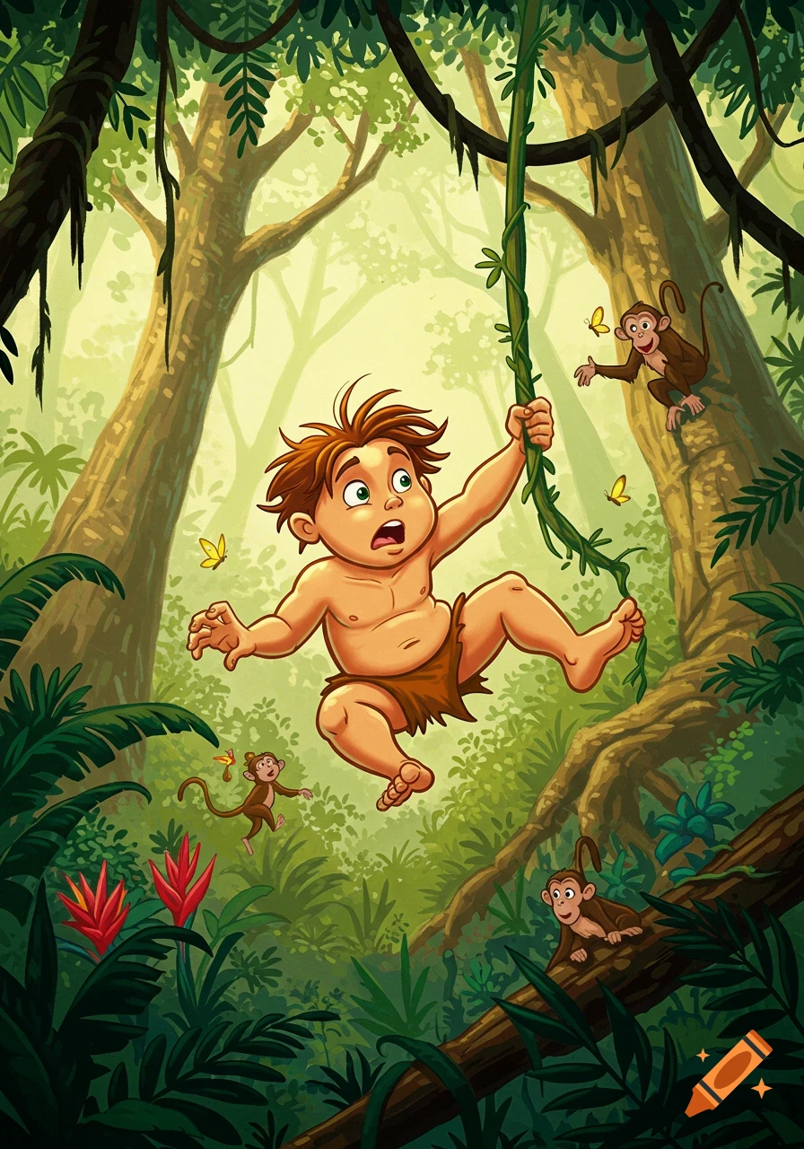 A cartoon illustration of a chubby boy with red hair, resembling Tarzan, swinging on a vine in a vibrant green jungle with monkeys and butterflies.