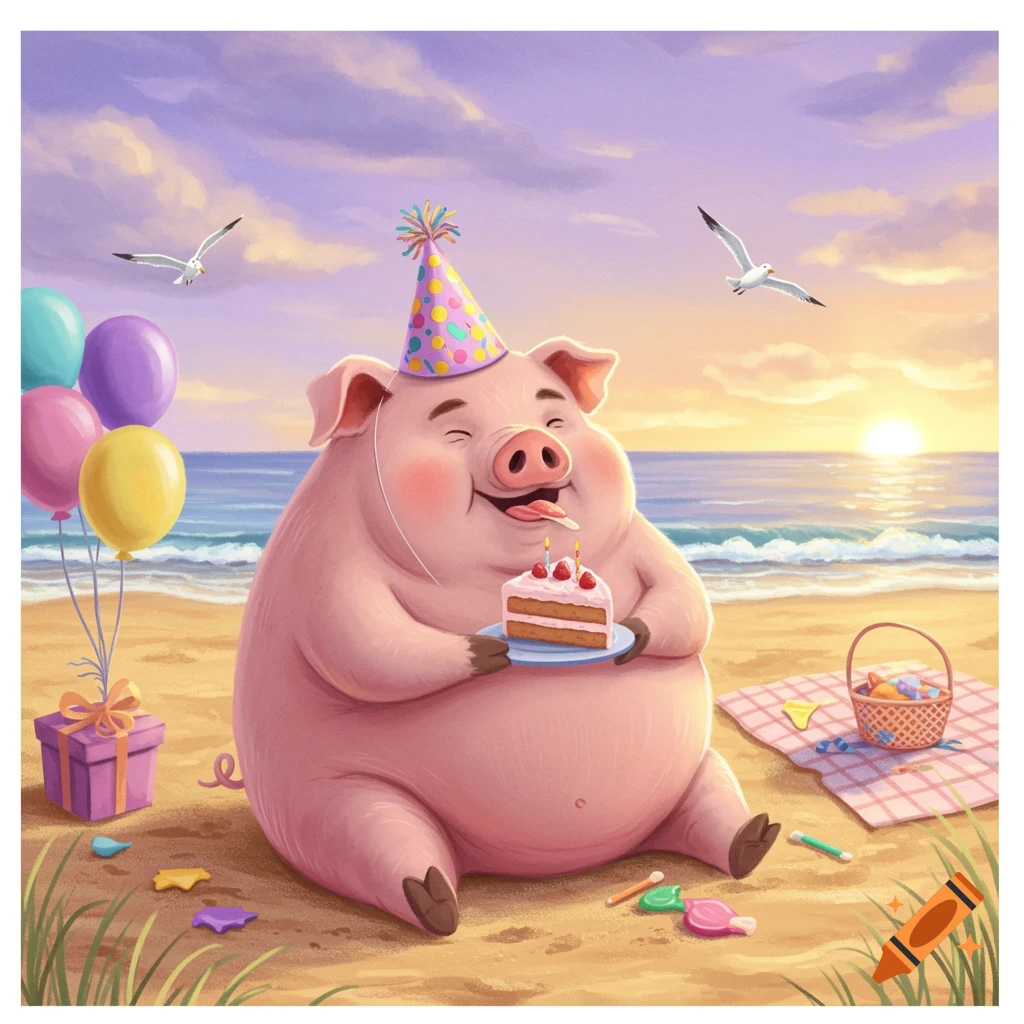 A happy cartoon pig wearing a party hat on a sandy beach holds a slice of birthday cake. Colorful balloons and a gift are nearby.