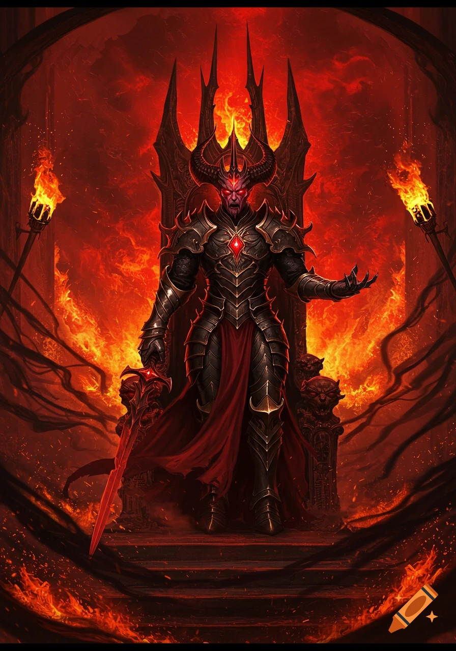 A powerful red-skinned demon in dark armor and a red cape sits on a spiky throne in a fiery, hellish realm.