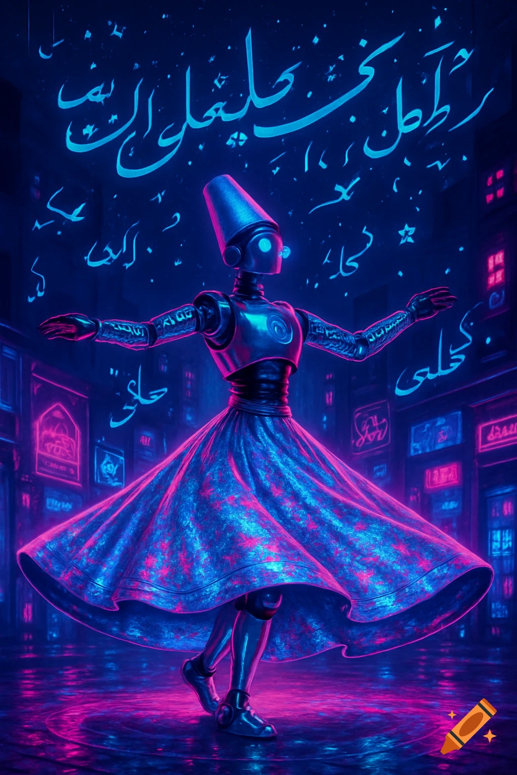 A futuristic robot in a neon-lit cyberpunk city, wearing a glowing dress, performing a whirling dervish dance. Stylized glowing Arabic calligraphy floats in the air.