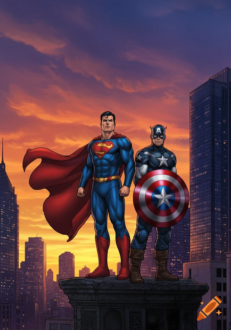 Superman and Captain America stand on a rooftop overlooking a city skyline at sunset in a comic art style.