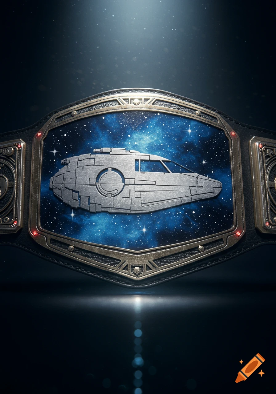 A detailed wrestling championship belt with a silver spacecraft resembling a Star Wars Cloud Car on a blue starry nebula background.