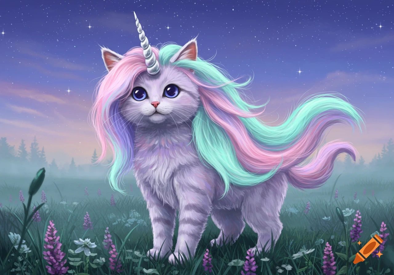 A fluffy lavender kitten with a white unicorn horn and pastel rainbow mane stands in a field of purple flowers under a starry night sky.