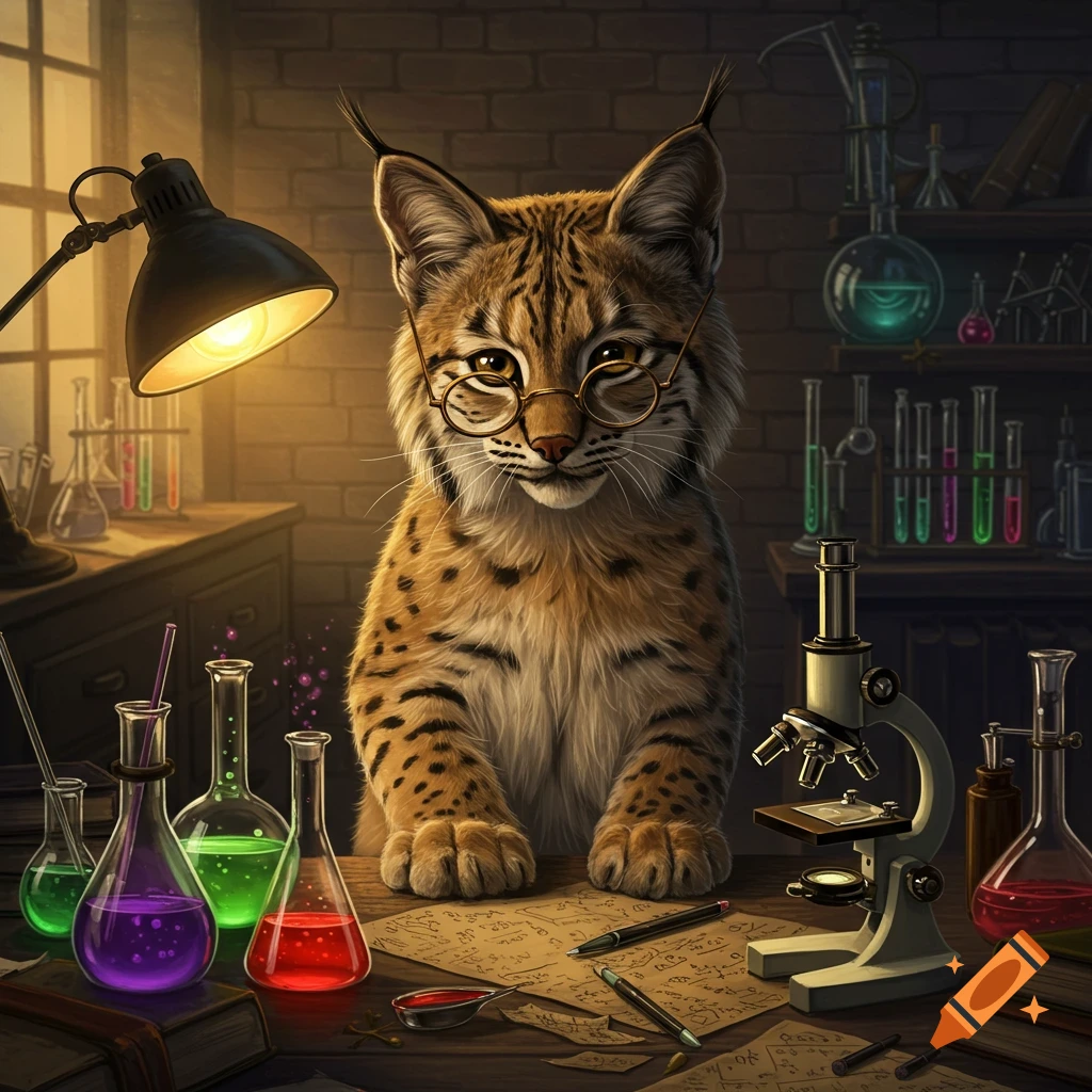 A bobcat wearing glasses sits at a cluttered wooden desk in a dimly lit science lab, surrounded by colorful beakers, test tubes, and a microscope.
