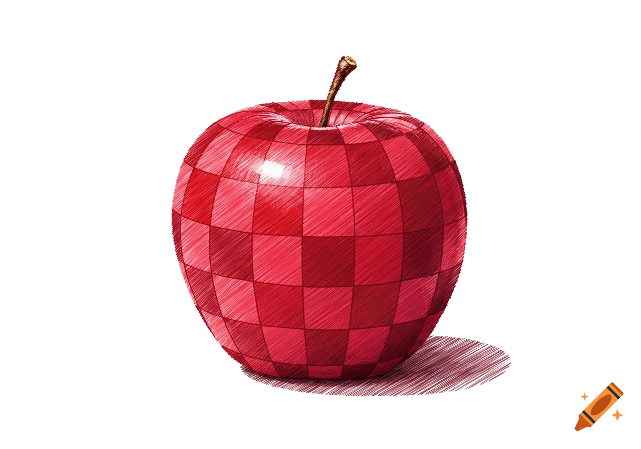A red and pink checkerboard apple with a scribbled, lined texture and a small shadow.