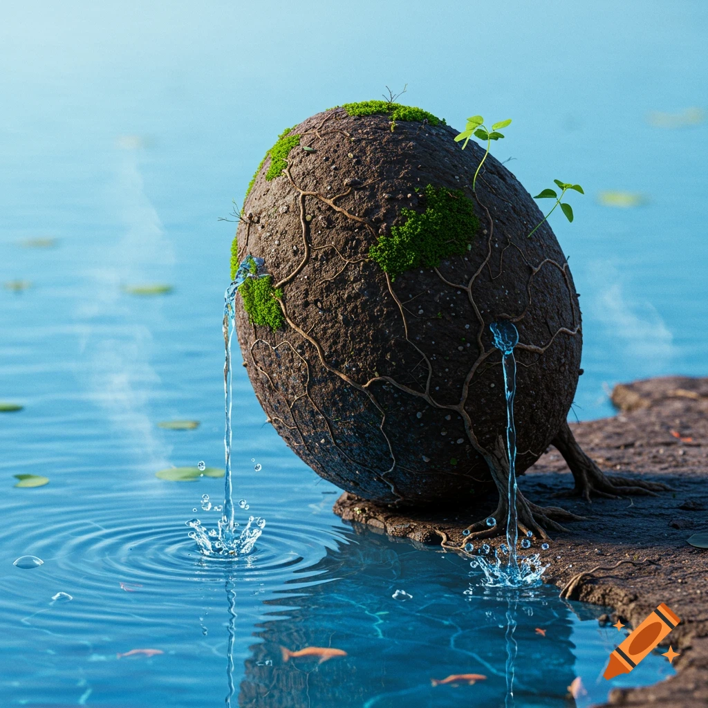A photorealistic soil egg with roots and moss, leaking two streams of water into a clear blue pond with ripples and small fish.