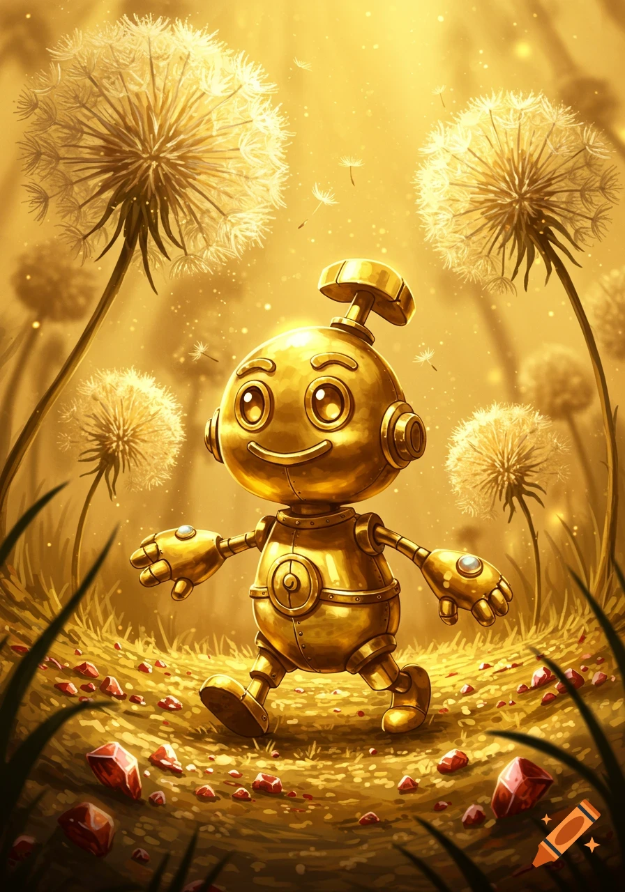 A golden, friendly robot walks through a field of glowing dandelions, with red gems scattered on the ground, in a whimsical illustration.