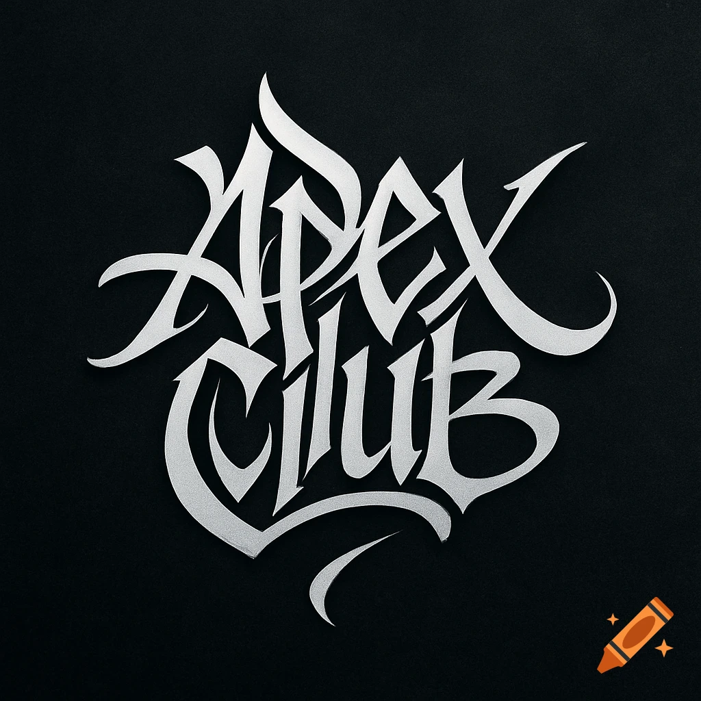 Stylized metallic silver 'Apex Club' logo in a gothic graffiti script on a black background.