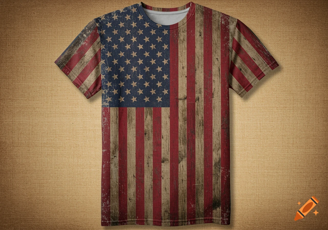 A rustic T-shirt featuring a distressed American flag design made to look like old wood planks.