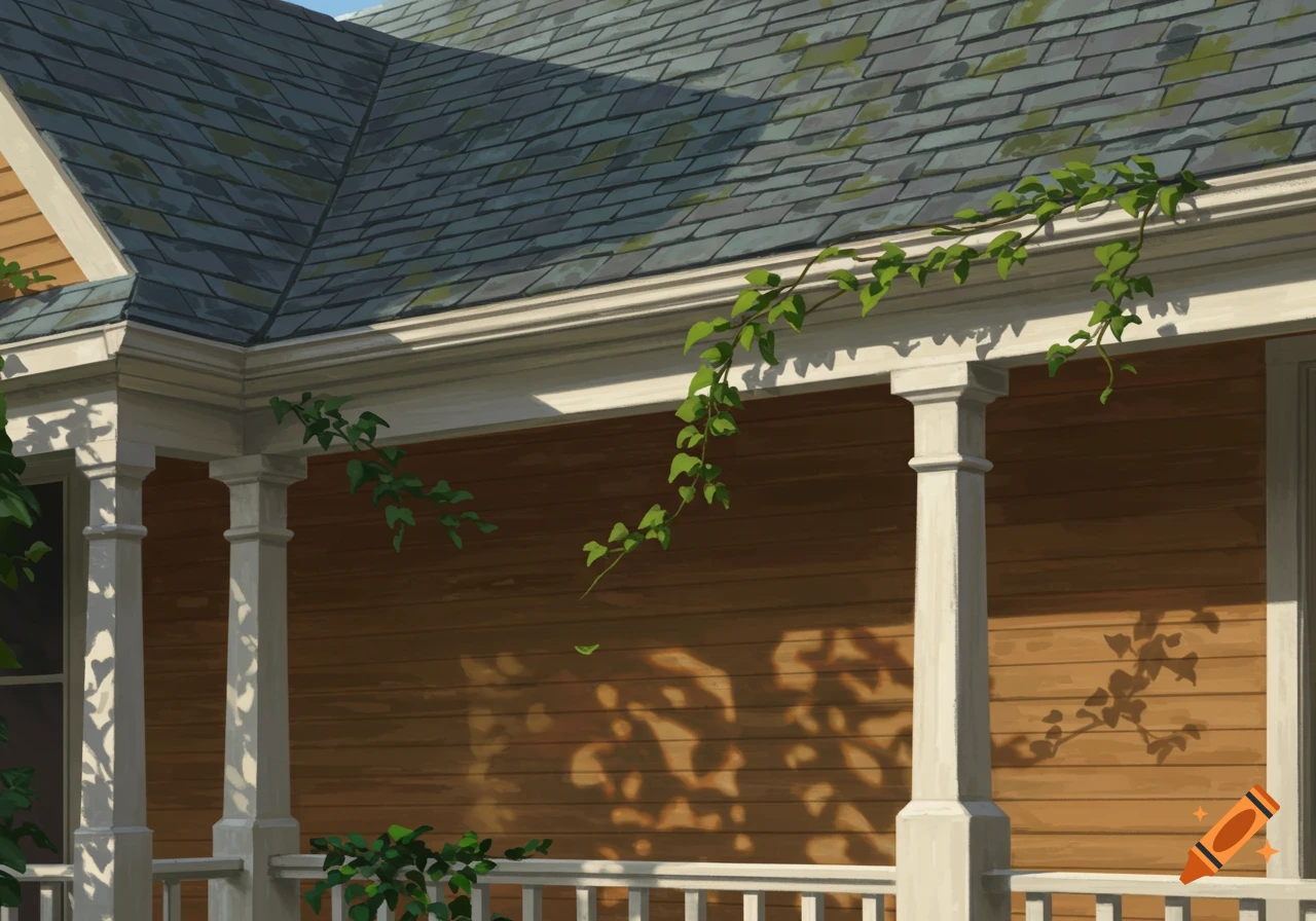 A close-up view of a house porch with a gray shingled roof, brown siding, white columns, and green vines growing on the gutter.