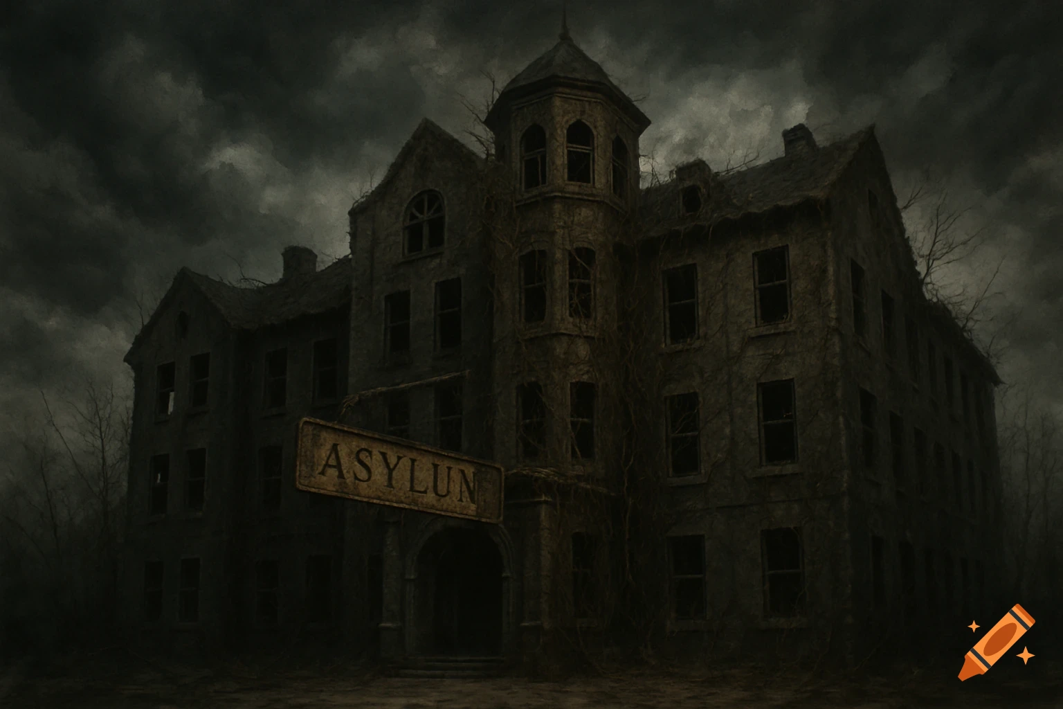 A dark, eerie, abandoned asylum building with broken windows and ivy, under a stormy sky, featuring a sign that reads 'ASYLUN'.