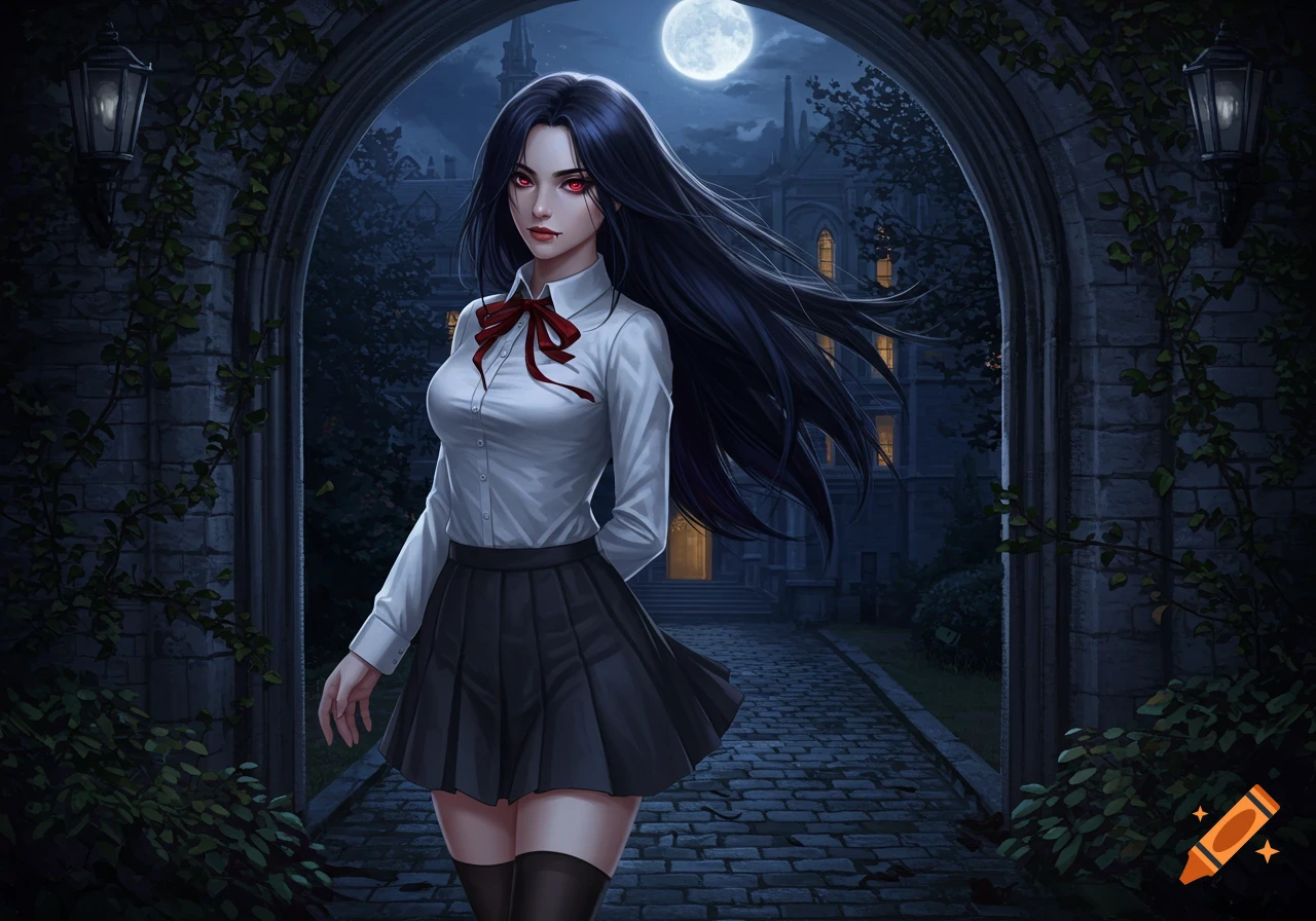 An anime vampire girl with long dark hair and red eyes in a school uniform stands under a gothic archway at night.