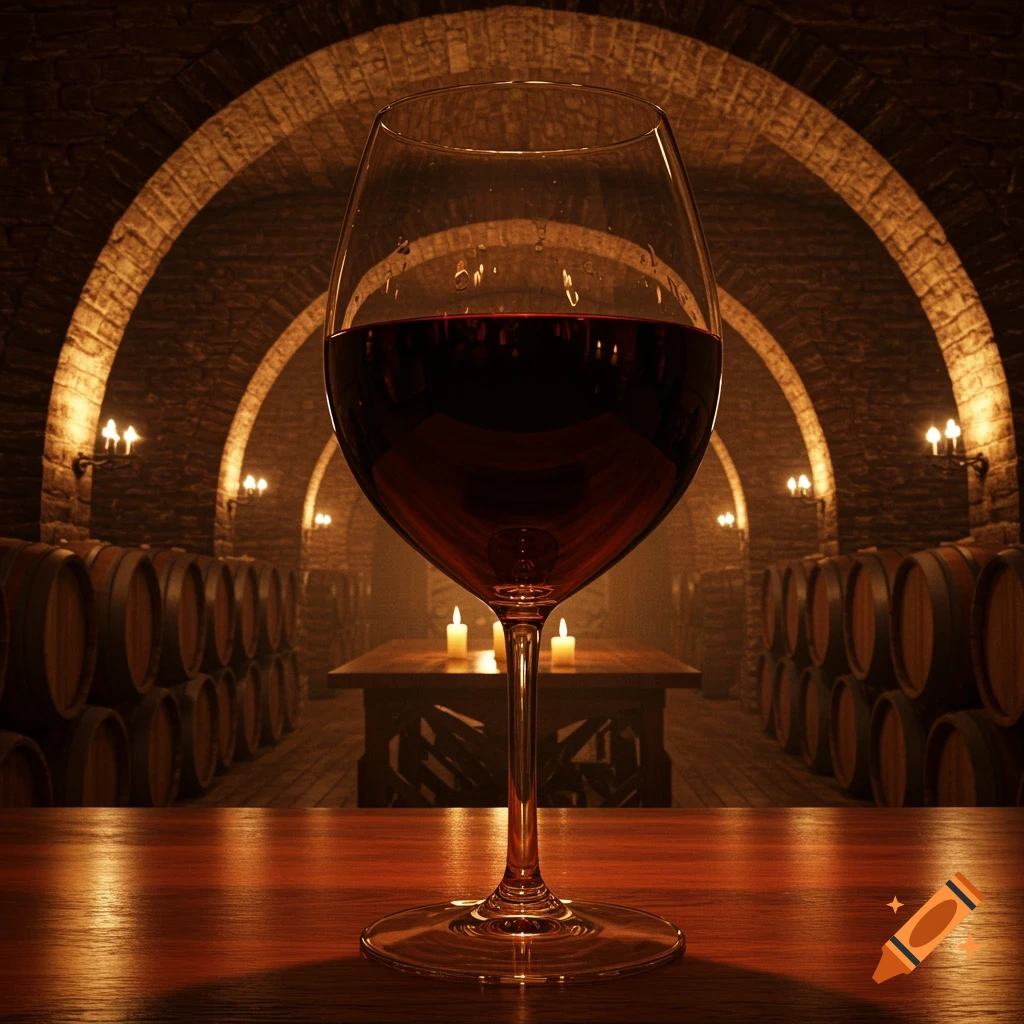 A close-up of a glass of red wine on a wooden table in a dimly lit, arched stone wine cellar with barrels.