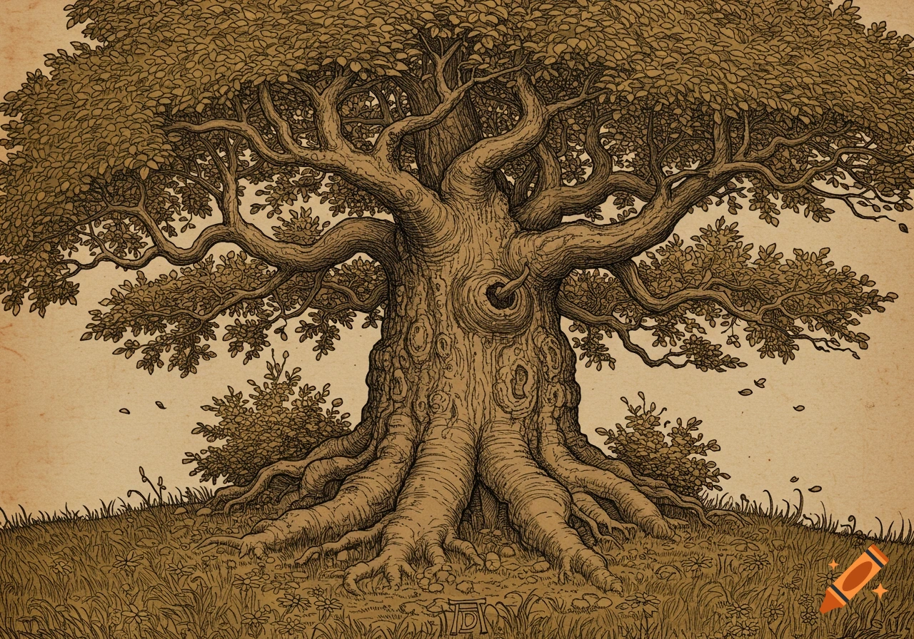 Detailed illustration of an ancient, gnarled tree with thick roots and dense foliage in the style of Albrecht Durer.