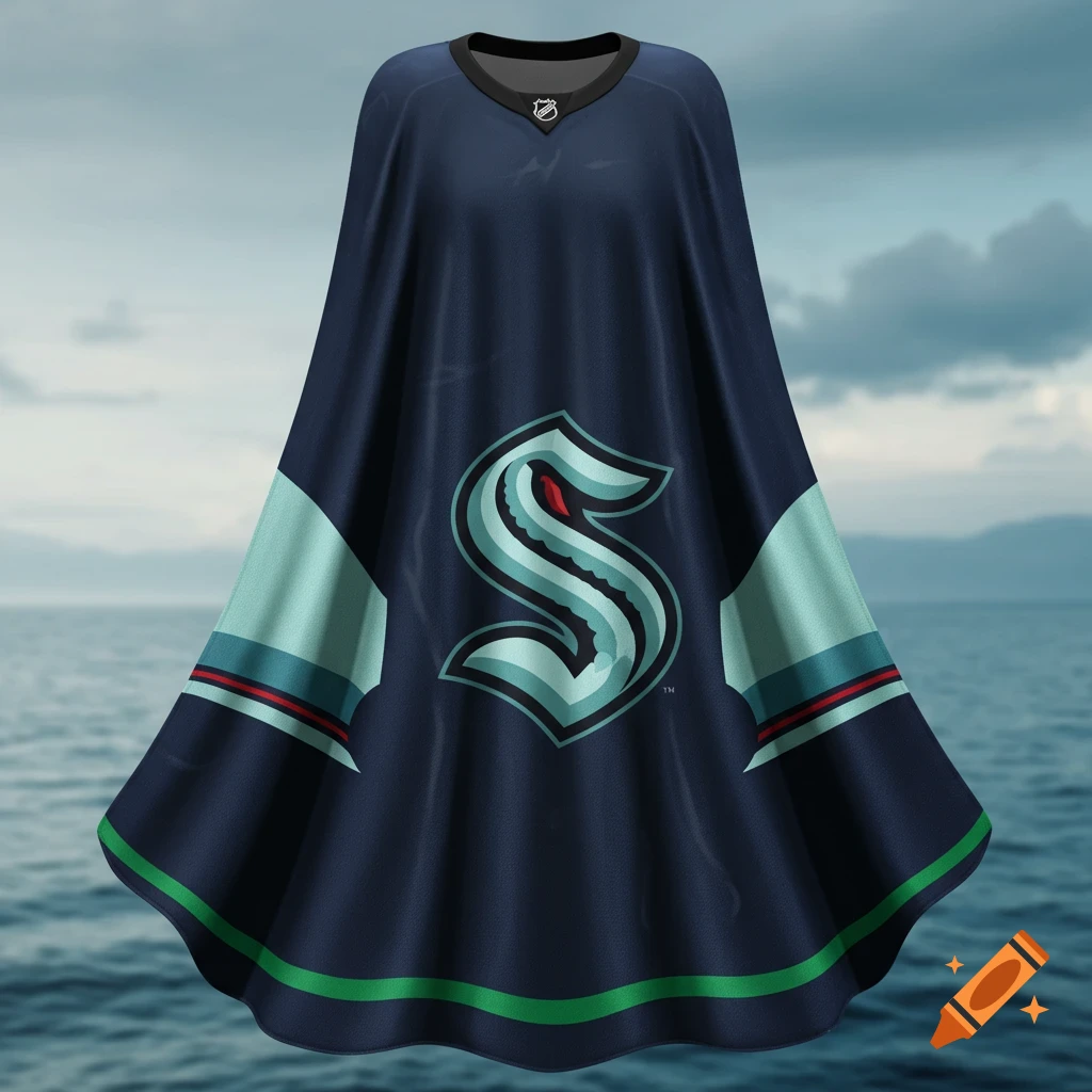 A dark blue cape or jersey with the teal and red Seattle Kraken logo and stripes, set against a blurred ocean and sky background.