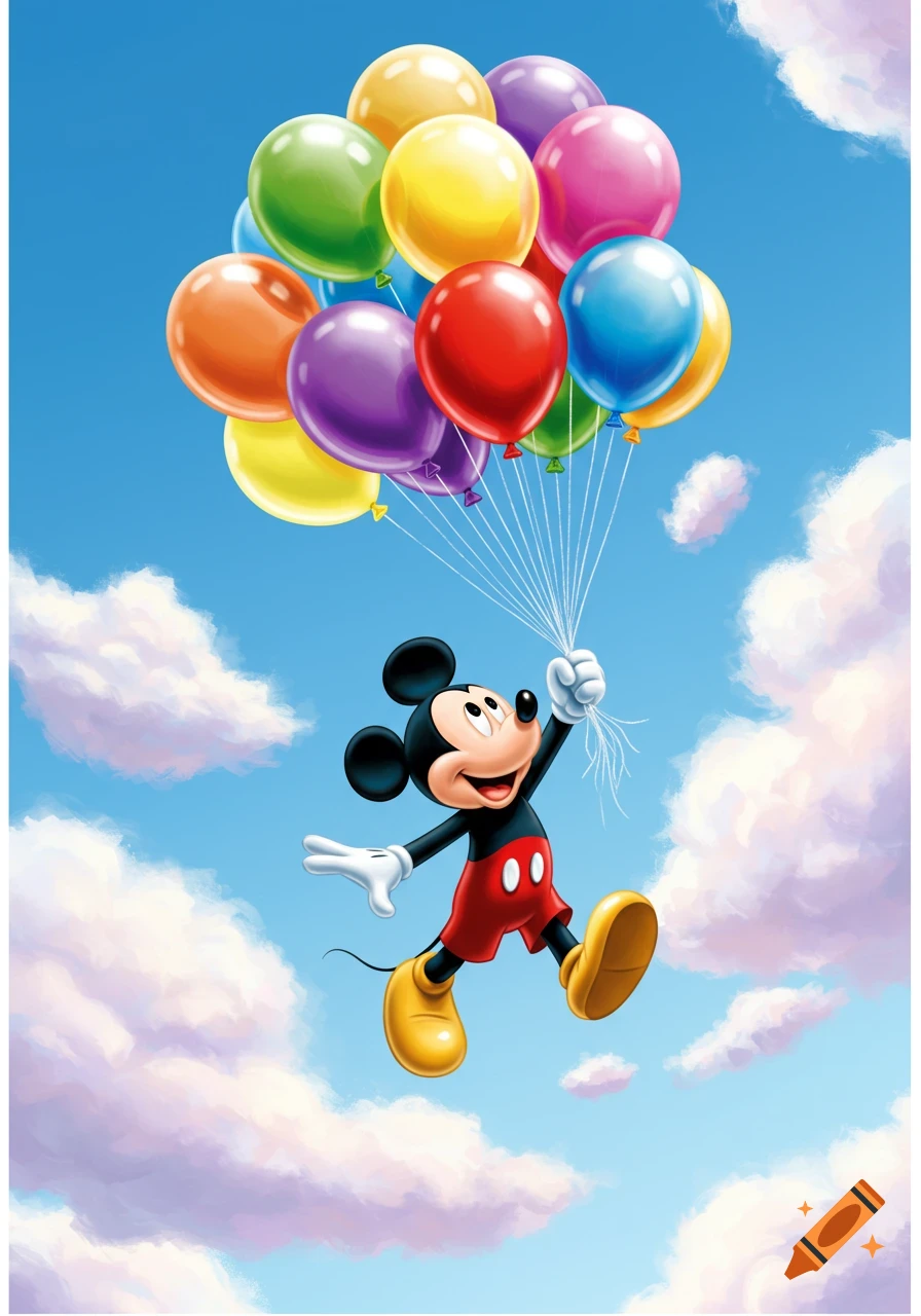 Mickey Mouse floats in a bright blue sky, smiling and holding a large bunch of colorful balloons.