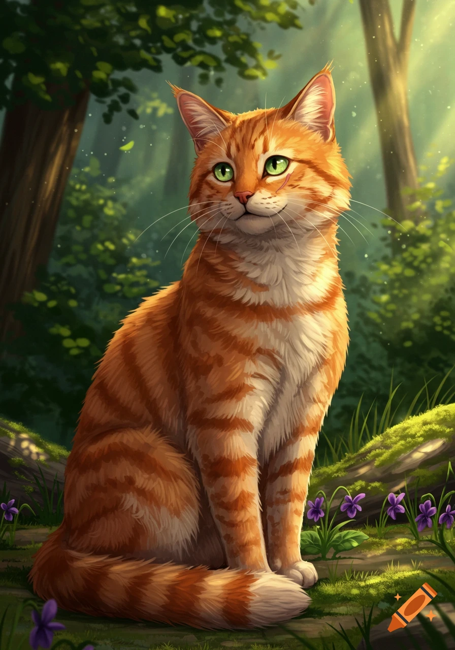 A digital painting of a ginger cat with green eyes and a muzzle scar sitting in a vibrant, sunlit forest.