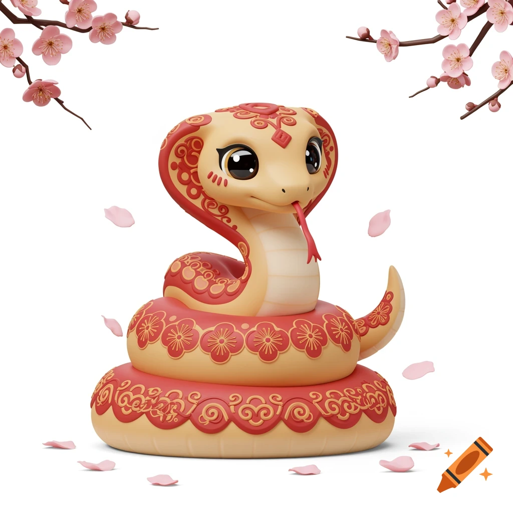 A cute, stylized cartoon snake with red and gold patterns, surrounded by pink cherry blossoms, on a white background.