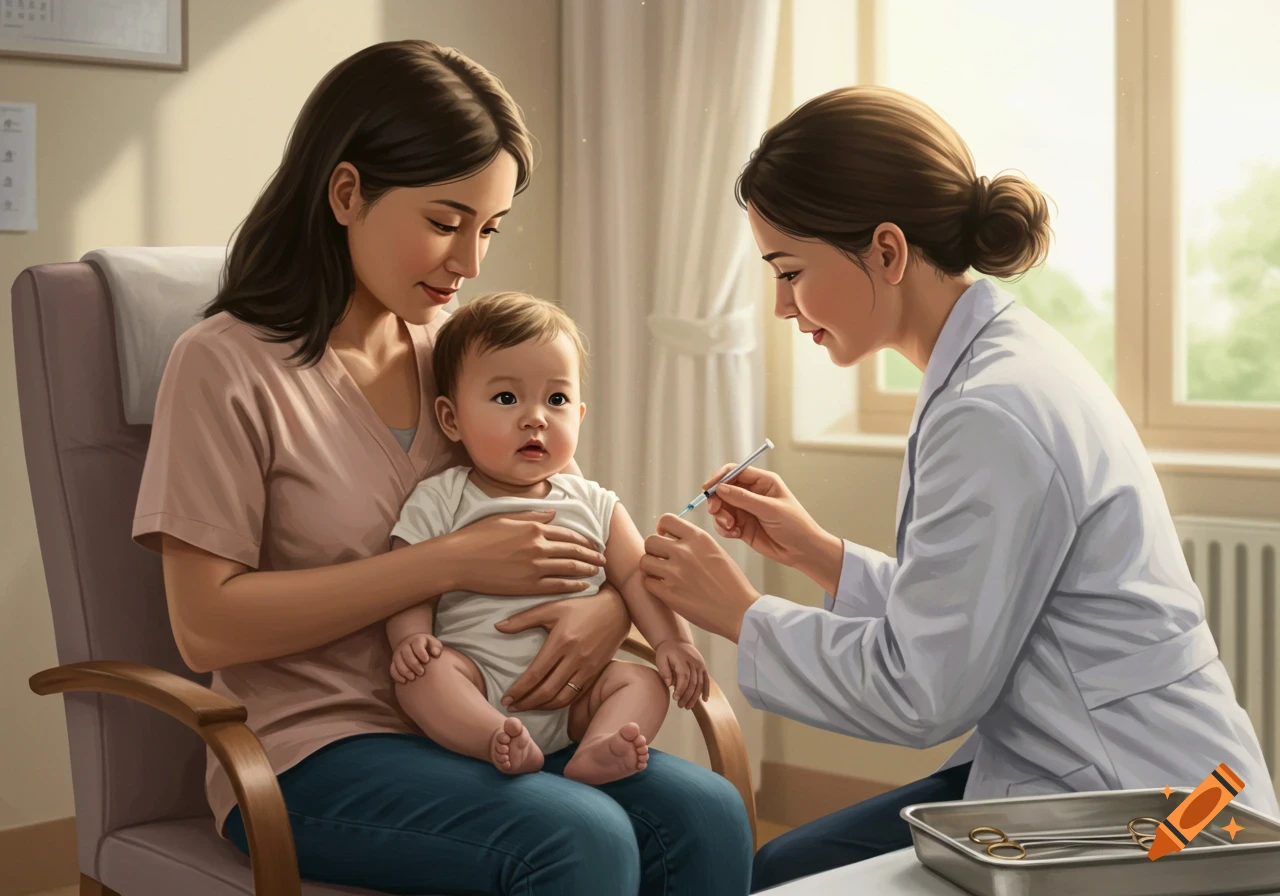 A mother holds her baby as a healthcare worker administers a vaccine in a medical office, realistic illustration.