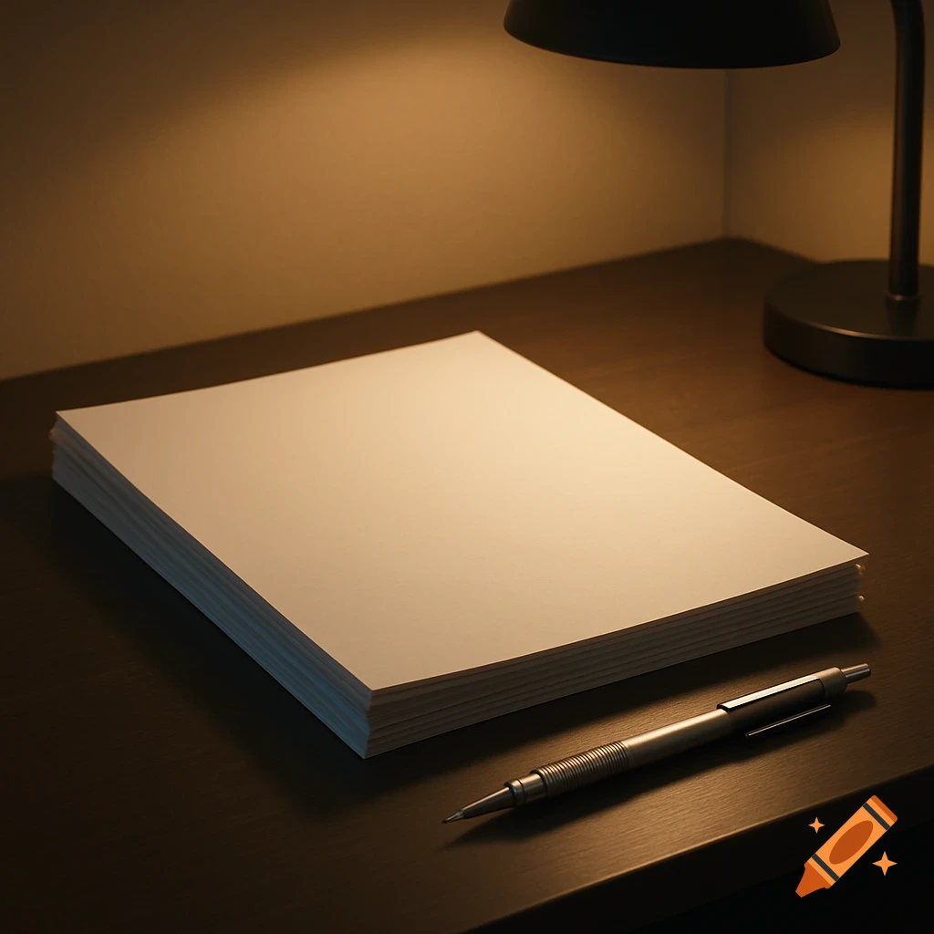 A stack of white paper, a metal pen, and a desk lamp on a dark wooden desk under warm light.