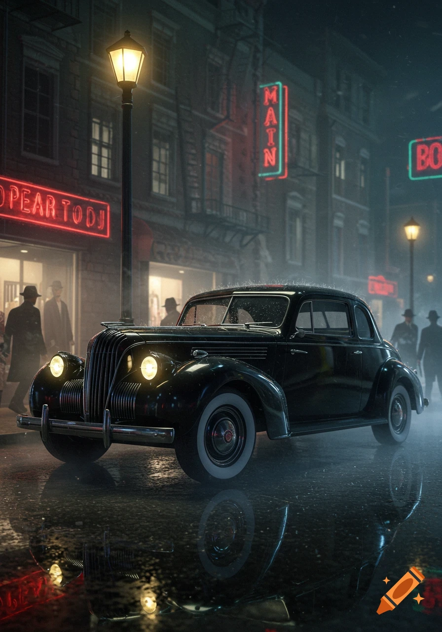 A black vintage car on a rainy city street at night, with neon signs and shadowy figures.