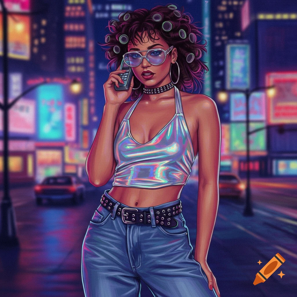 An illustration of a woman in a silver halter top and jeans, with hair curlers and sunglasses, holding a phone on a neon-lit city street.