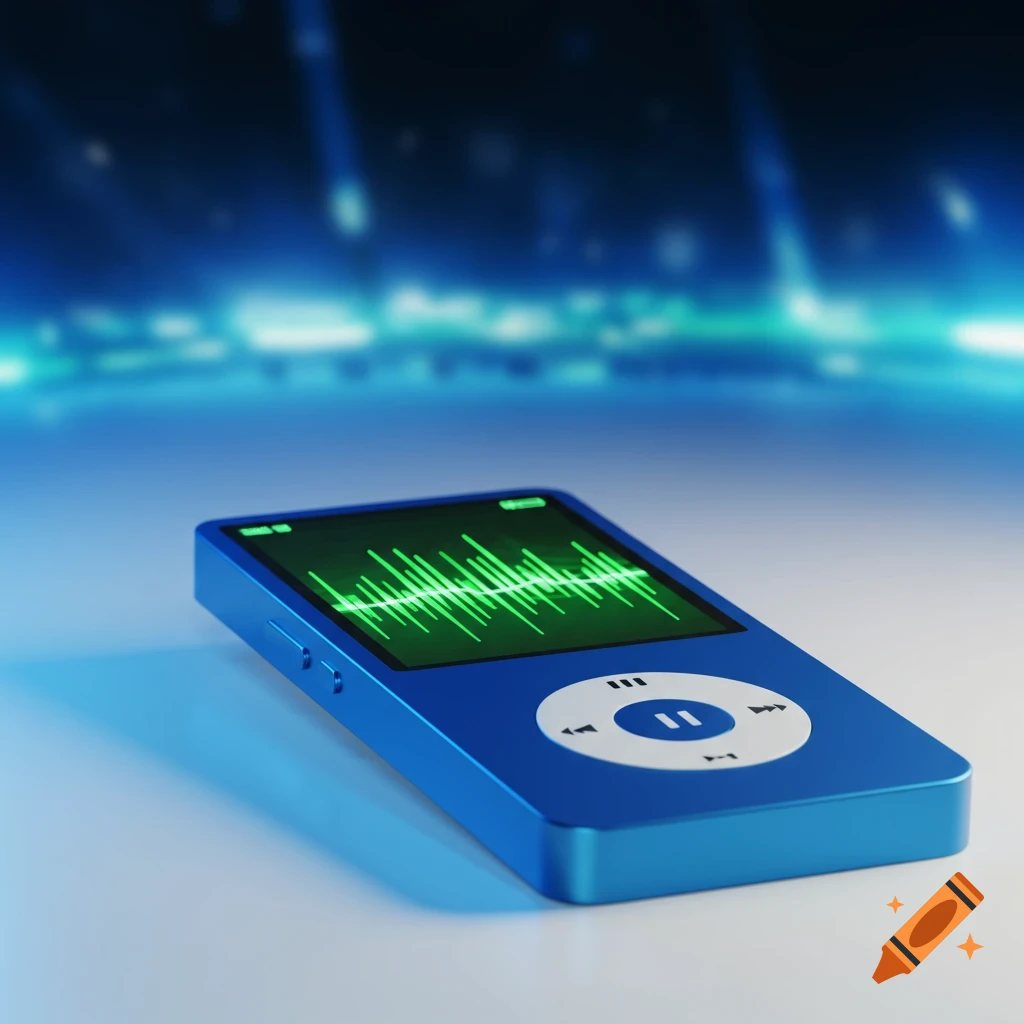 A blue MP3 player with a green waveform on its screen, set against a blurred blue background.