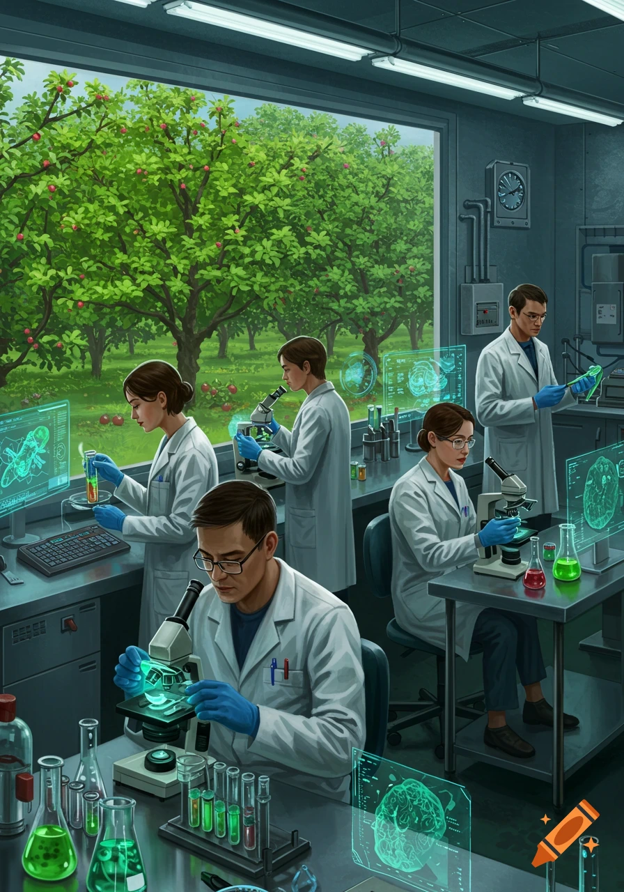 Scientists in lab coats conduct research in a laboratory with large windows overlooking an apple orchard. They are using microscopes, test tubes, and digital screens.