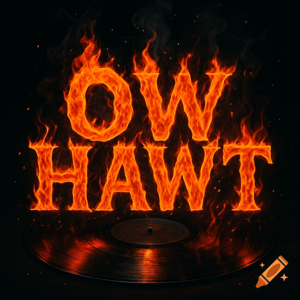 Fiery text 'OW HAWT' hovering above a vinyl record on a dark background.