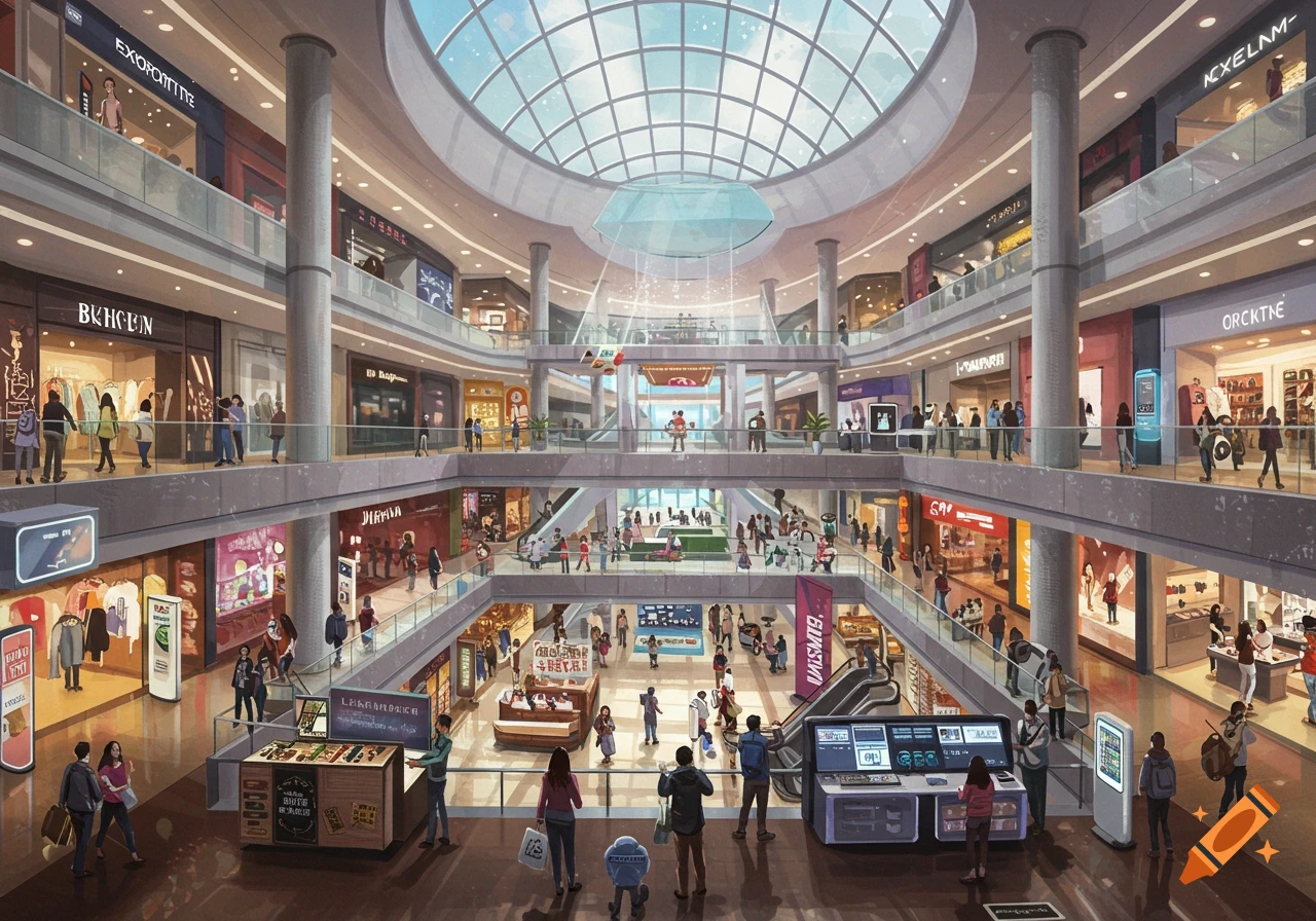 A large, bustling multi-level shopping mall with a glass dome roof, escalators, and various shops, filled with many people. Illustrated style.