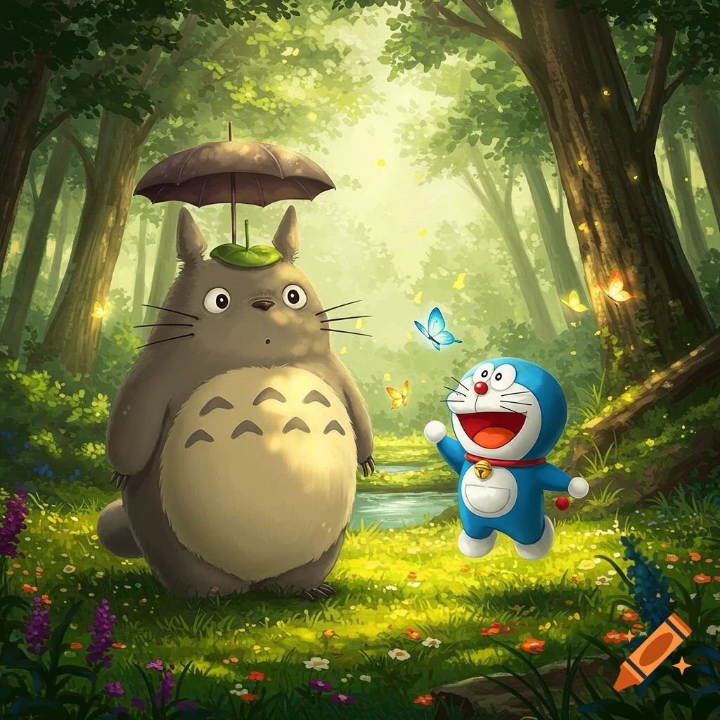 Totoro holding an umbrella and Doraemon standing in a vibrant, lush green forest with a stream and butterflies, illustrative style.