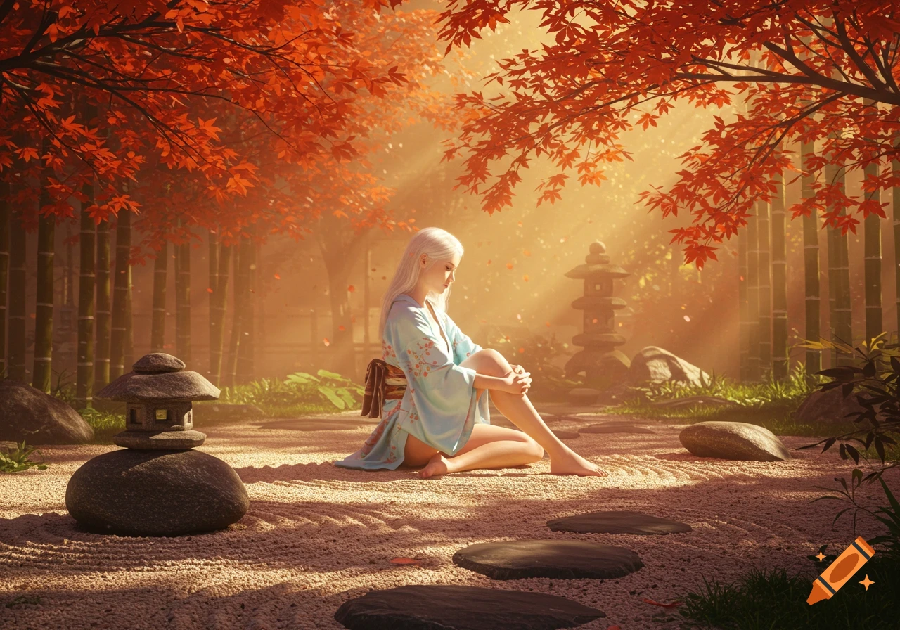A woman in a light blue kimono sits on a path in a sunlit Japanese garden with red maple trees and bamboo.