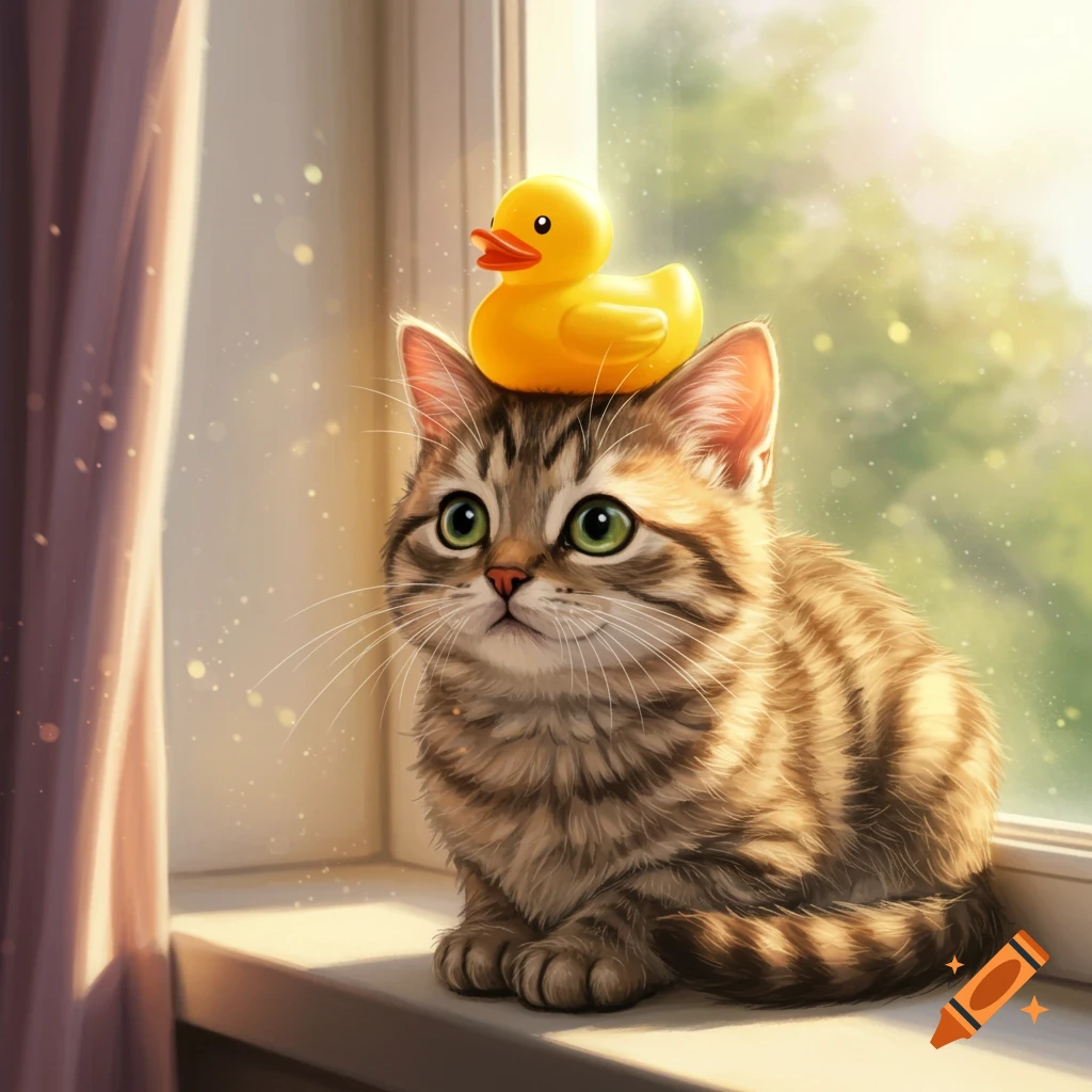 A cute tabby cat with big green eyes sits on a windowsill with a yellow rubber duck on its head.
