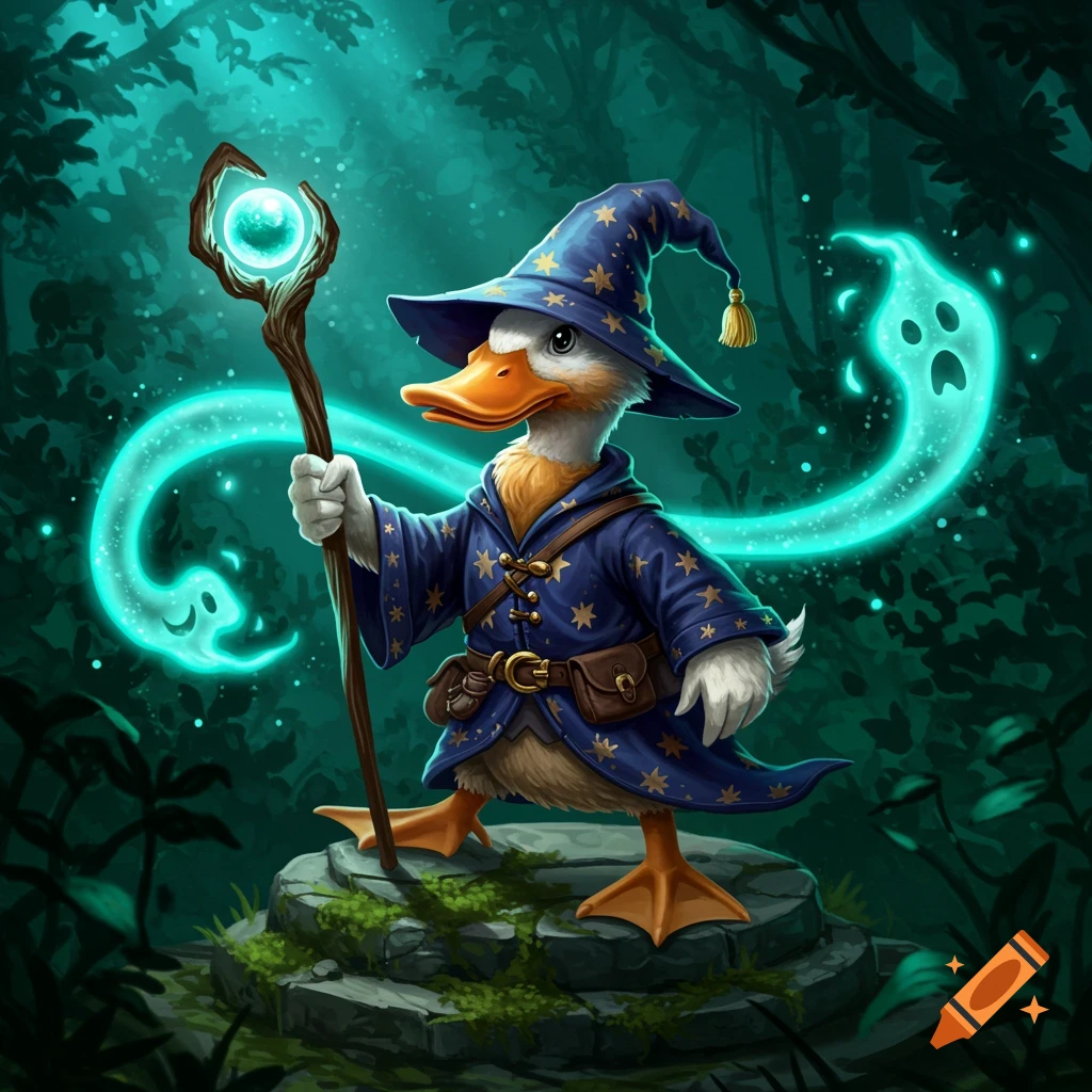 A whimsical cartoon duck wizard in a blue star-spangled robe holds a glowing staff with two ethereal spirits in a mystical forest.