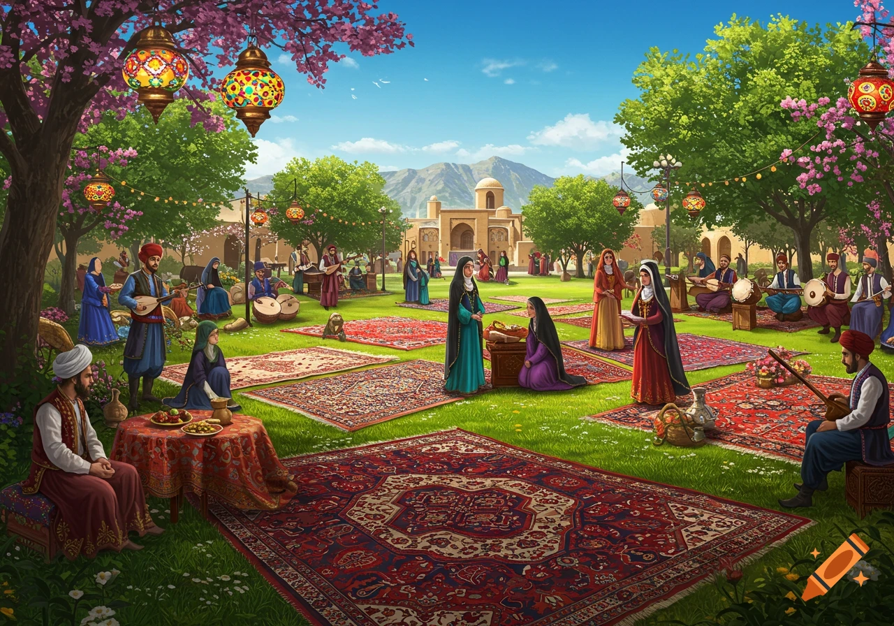 A vibrant illustration of a Persian festival in a lush garden, with people in traditional attire playing music, talking, and relaxing on ornate rugs.
