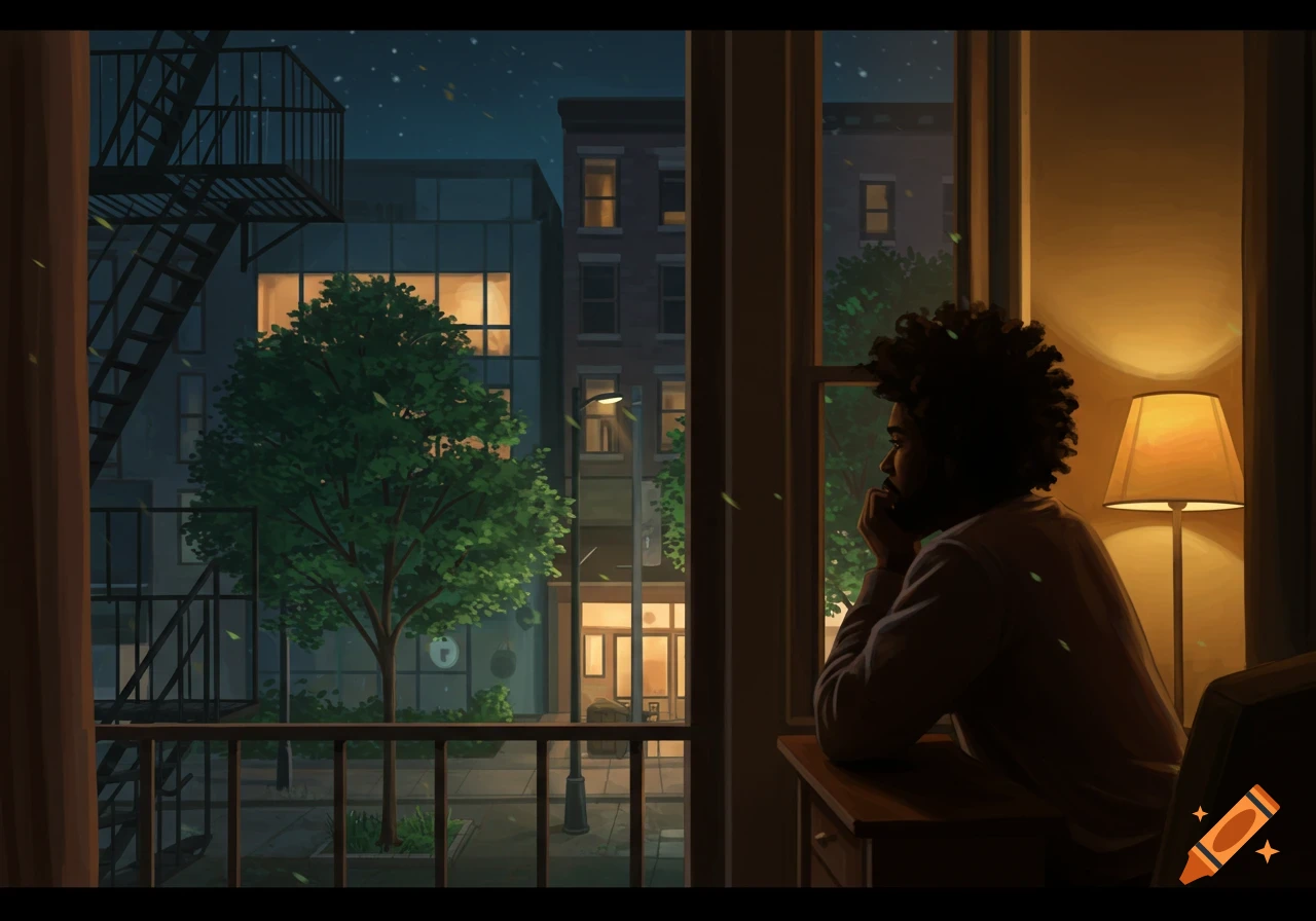 An illustration of a man looking out his apartment window at a city street at night.